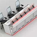 Modern Office Desk With Multiple Monitors Ergonomic Chairs And Red Lighting 3d model