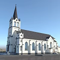 European Style Church Architecture With White Exterior Black Spire And Arched Windows