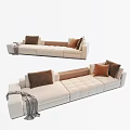 Modern Beige Sectional Sofa With Brown Cushions Gray Throw Blanket Tufted Design 3d model