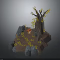 Wooden Stump Stone Rocks 3D Model Scene With Yellow Leaves Red Chest And Sword