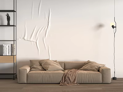 Beige Double Sofa With Pillows And Blanket Against Light Wall Abstract Line Decor Wooden Floor 3d model