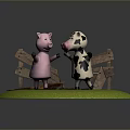 Cartoon Pig And Cow Standing On Green Grass With Wooden Fence
