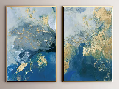 Two Piece Abstract Paintings With Blue Gold Fluid Design Framed Wall Art 3d model