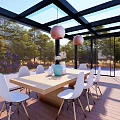 Modern Glass Roof Pergola with Surrounding Flowers Trees and Outdoor Relaxation Area