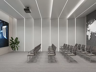 Modern Conference Room With Large Screen Arranged Chairs World Map Plants And Ceiling Light Strips 3d model