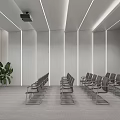 Modern Conference Room With Large Screen Arranged Chairs World Map Plants And Ceiling Light Strips