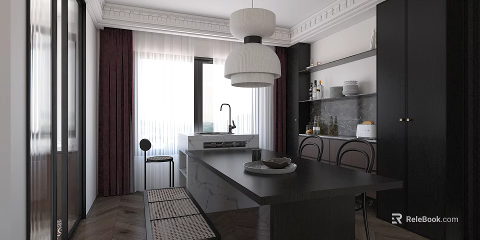 Modern Living Dining Room Interior With Dark Table Pendant Light Curtains And Cabinets 3d model 