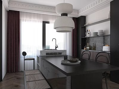 Modern Living Dining Room Interior With Dark Table Pendant Light Curtains And Cabinets 3d model