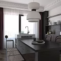 Modern Living Dining Room Interior With Dark Table Pendant Light Curtains And Cabinets