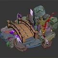 Cartoon Scene Featuring Wooden Bridge Gray Rocks Purple Twisted Plants And Pink Crystals