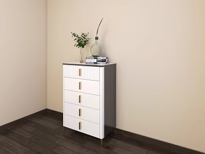 White Chest of Drawers with Gold Handles Decorative Vase Corner Light Wall Dark Wooden Floor 3d model
