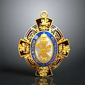 Intricate Sculptural Carving of Gold Framed Blue Badge with Decorative Elements