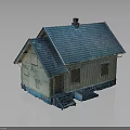 Small Weathered Wooden House With Blue Tile Roof Chimney Windows And Front Steps