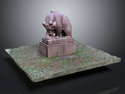 Detailed Stone Bear Sculpture On Square Pedestal With Grass Covered Display Platform 3d model
