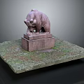 Detailed Stone Bear Sculpture On Square Pedestal With Grass Covered Display Platform