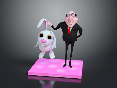 Man in black suit and red tie holding white rabbit toy standing on pink platform 3d model