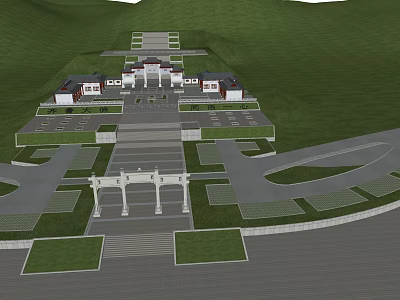 Park Landscape With Symmetric Entrance Gate Lawns Pathways and Parking Area 3d model
