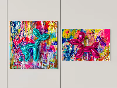 Colorful Wall Decor with Blue Pink Balloon Dogs and Vibrant Paint Backgrounds 3d model