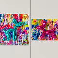 Colorful Wall Decor with Blue Pink Balloon Dogs and Vibrant Paint Backgrounds
