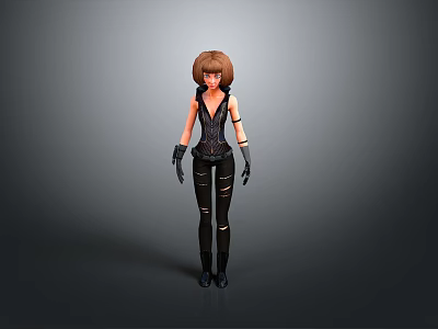 Woman with brown short hair wearing black tight outfit and ripped pants with black gloves 3d model