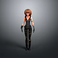 Woman with brown short hair wearing black tight outfit and ripped pants with black gloves