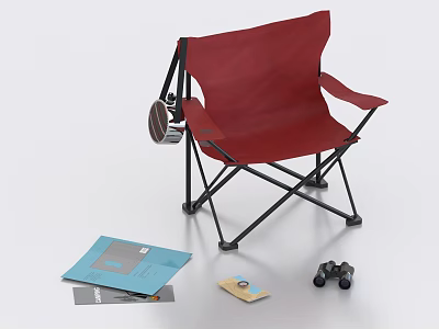 Red Folding Chair With Blue Folder Small Notebook Binoculars And Label 3d model