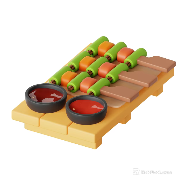 Green And Orange Vegetable Rolls With Brown Bread Sticks And Red Sauce On Yellow Tray 3d model 