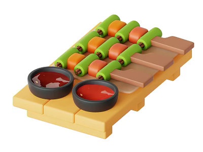 Green And Orange Vegetable Rolls With Brown Bread Sticks And Red Sauce On Yellow Tray 3d model