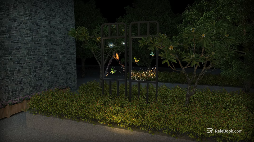Night Garden Landscape With Brick Wall Grille Green Plants And Glowing Butterflies 3d model 