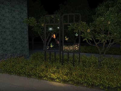 Night Garden Landscape With Brick Wall Grille Green Plants And Glowing Butterflies 3d model