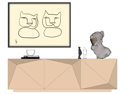 Interior Decor With Abstract Cat Art On Geometric Cabinet And Sculptures 3d model