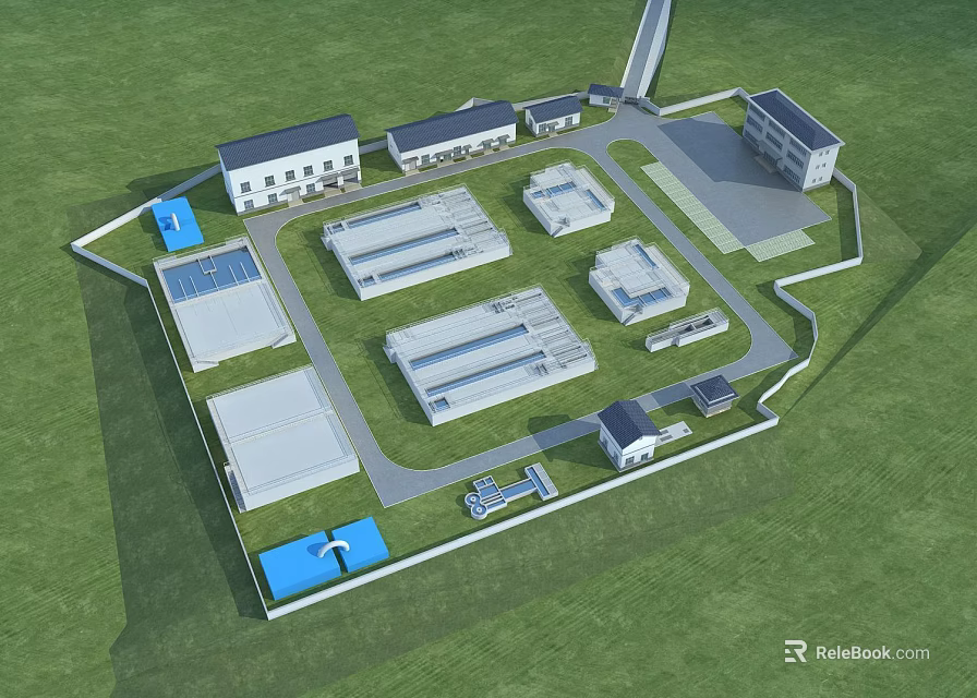 Industrial Factory Complex With Multiple Buildings Green Lawn And Access Roads 3d model 
