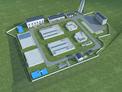 Industrial Factory Complex With Multiple Buildings Green Lawn And Access Roads 3d model