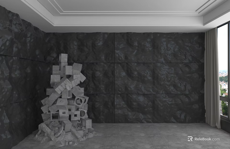Dark Textured Wall With Gray White Geometric Stacked Sculpture And White Ceiling Curtains 3d model 