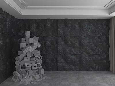 Dark Textured Wall With Gray White Geometric Stacked Sculpture And White Ceiling Curtains 3d model