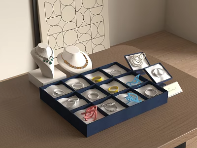 Elegant Jewelry Collection in Blue Compartment Box with Rings Necklaces and White Mannequin Busts 3d model