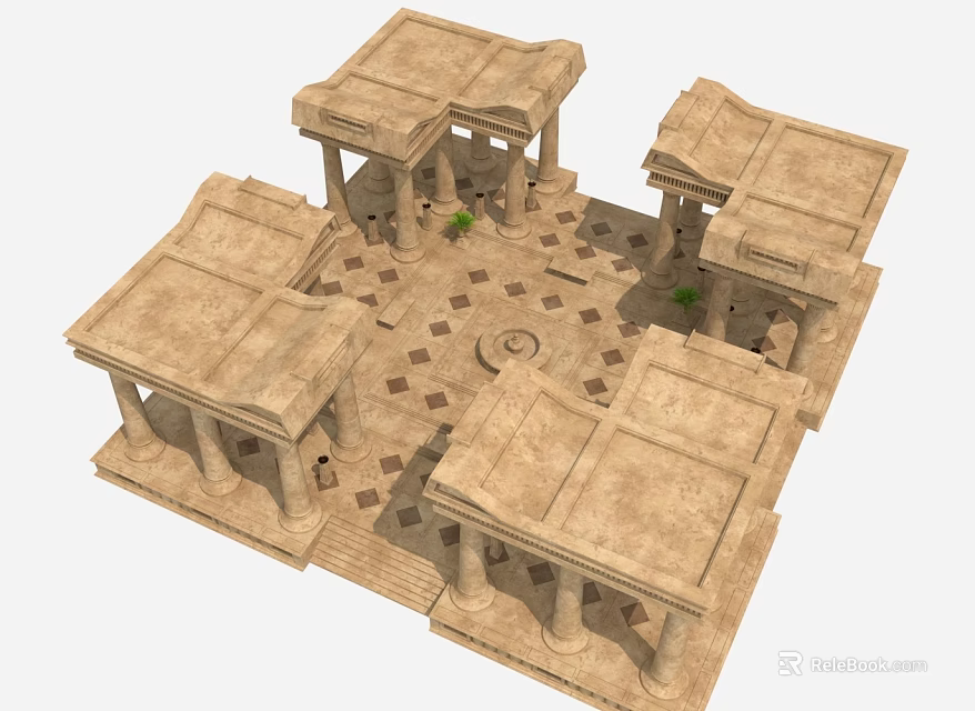 Ancient Classical Building With Multi Roofs Columns Geometric Patterned Floor And Small Plants 3d model