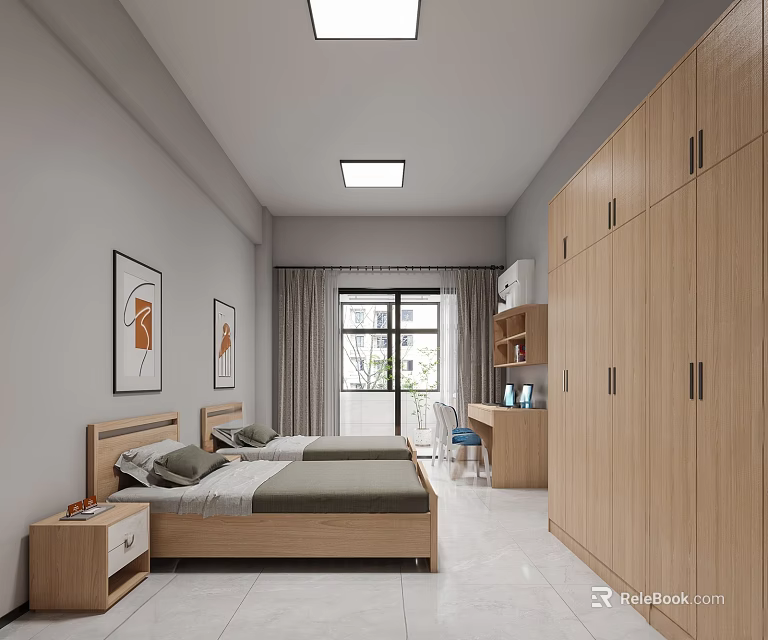 Hotel Guest Room With Twin Beds Wooden Wardrobes Decorative Paintings And Window Curtains 3d model 