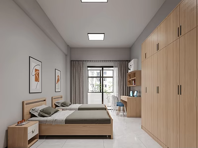 Hotel Guest Room With Twin Beds Wooden Wardrobes Decorative Paintings And Window Curtains 3d model