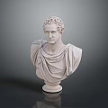 White Marble Classical Bust Sculpture With Curly Hair Drapery And Round Base On Dark Background