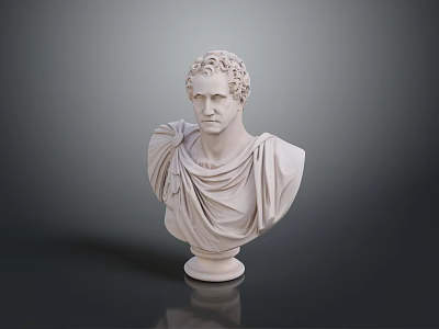 White Marble Classical Bust Sculpture With Curly Hair Drapery And Round Base On Dark Background 3d model