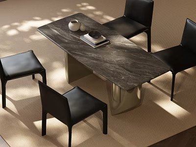 Modern Dining Table Set With Marble Top And Black Leather Chairs Including Teapot Decor 3d model