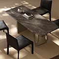 Modern Dining Table Set With Marble Top And Black Leather Chairs Including Teapot Decor