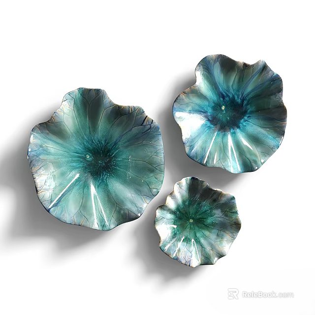 Elegant Set of Three Lotus Shaped Teal Blue Shiny Wall Decorations 3d model 