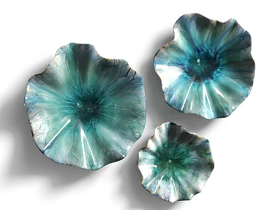 Elegant Set of Three Lotus Shaped Teal Blue Shiny Wall Decorations 3d model