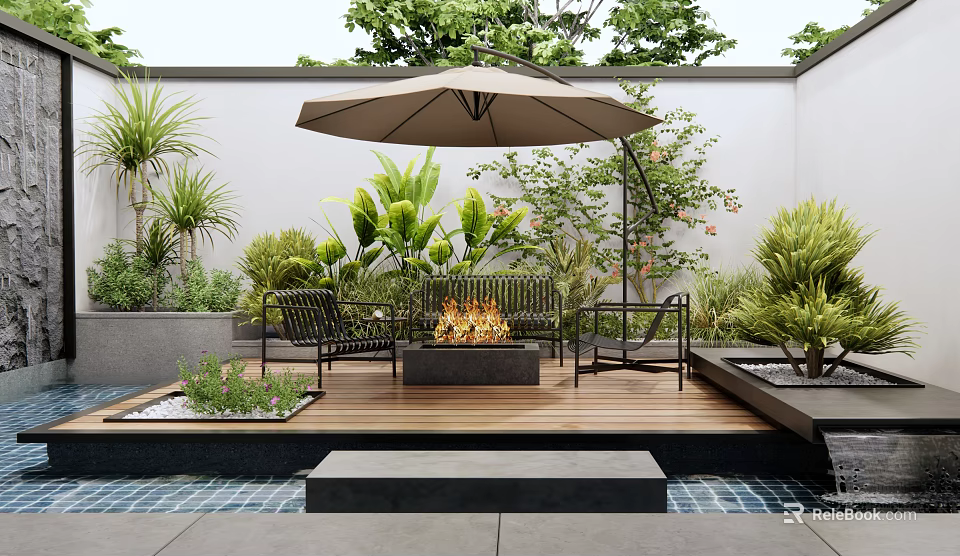Stylish Courtyard Garden Design With Wooden Deck Fire Pit Chairs Stone Steps And Lush Plants 3d model 
