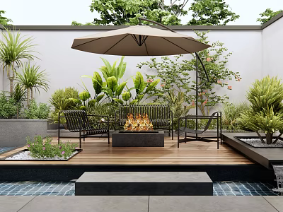 Stylish Courtyard Garden Design With Wooden Deck Fire Pit Chairs Stone Steps And Lush Plants 3d model