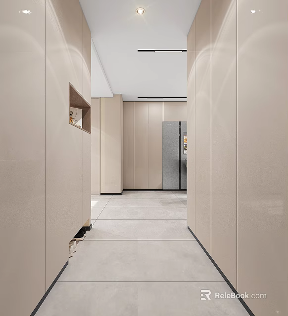 Modern Hallway Entrance Design With Light Colored Walls And Storage Cabinets 3d model 