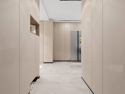 Modern Hallway Entrance Design With Light Colored Walls And Storage Cabinets 3d model
