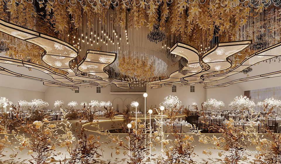 Luxurious Banquet Hall Interior With Golden Chandeliers Decorative Leaves And White Flowers 3d model 